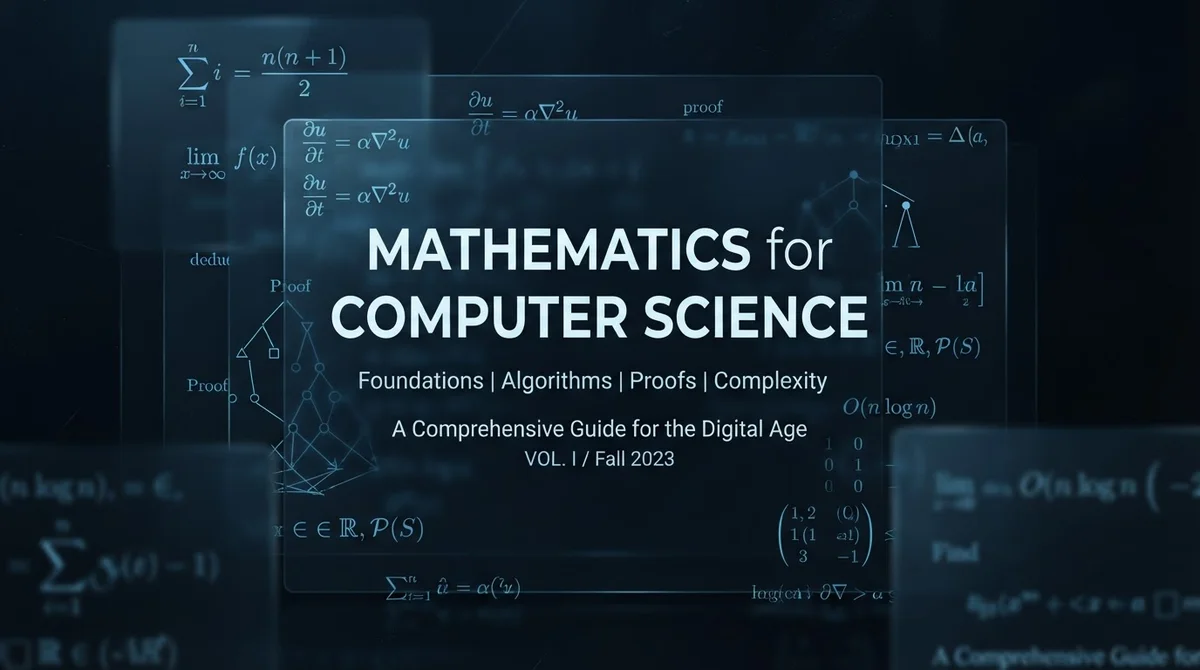 Layered mathematical-notebook illustration representing the Mathematics for Computer Science textbook